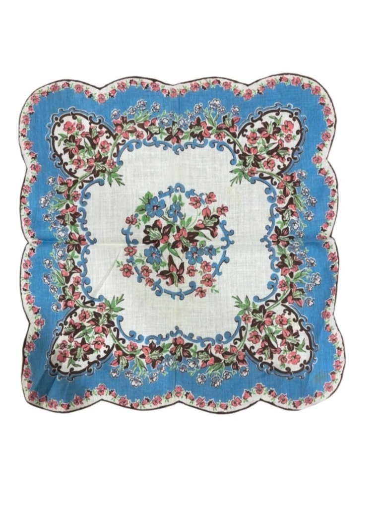 Vintage 12x12 Blue White Floral Handkerchief Scalloped Edge Coquette Grandmacore